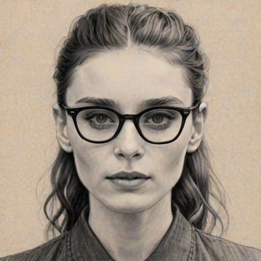 Exquisite Rooney Mara, pencil sketch, portrait of Dazzling woman 1961s in glasses, hair style beatnik, outline, clear lines, fine lines, 8k