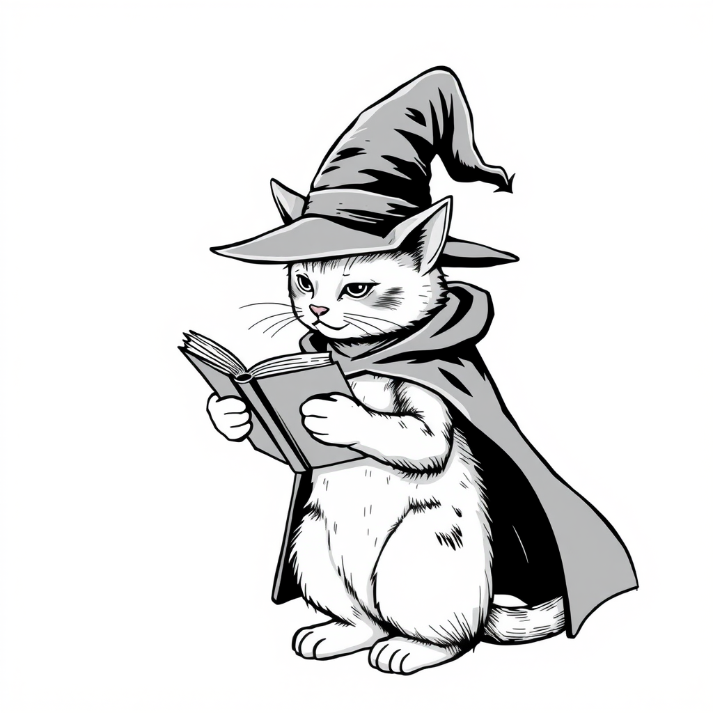 A grayscale illustration of a cat wearing a witch's hat and cloak. The cat is standing on its hind legs and is holding a spellbook in its paws and reading it intently. The hat is tall and pointed, with a wide brim and a pointed top. The cloak is draped over the cat's body, covering its body. The background is plain white, making the cat and the book the focal point of the image.