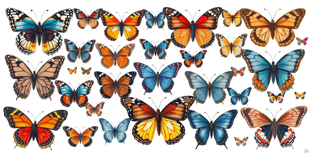 Create an illustration featuring a variety of butterflies in a grid layout. Include different species, showcasing a range of colors and patterns. Use a watercolor style to give the image a soft, artistic feel. Arrange the butterflies in an organized manner, with some larger and some smaller, to create visual interest.