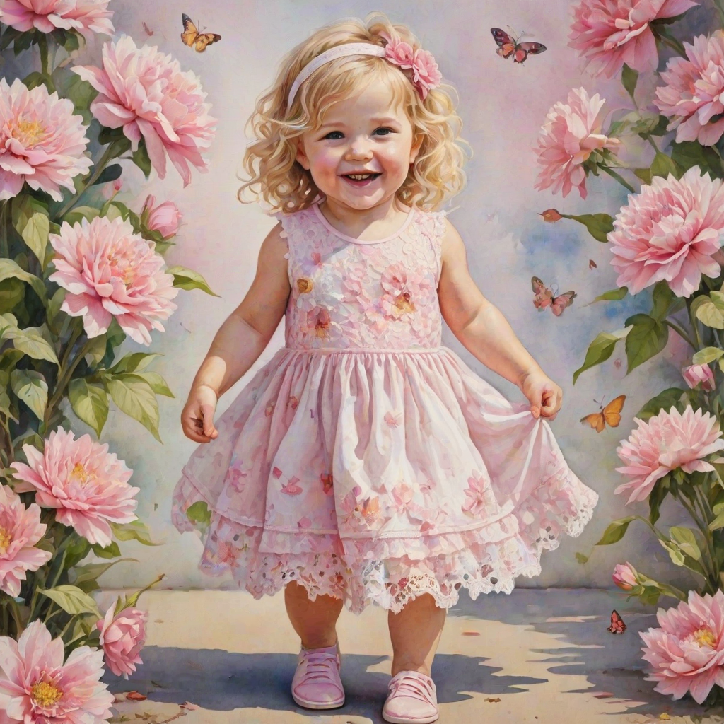 hyperrealism happy smiling toddler girl with messy wavy blonde hair with a headband, she is wearing a pink and white lace dress with pink and white shoes, she is holding a pink bouquet of flowers. Pink flowers and butterflies. summer background. Watercolor Highly detailed