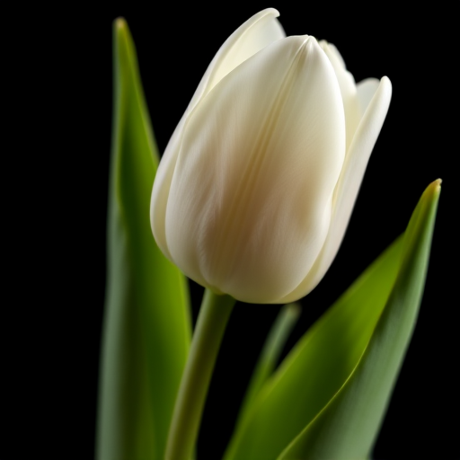 close-up shot of a white tulip flower with green leaves against a black background, using a DSLR camera with a 50mm lens, aperture f/2.8, ISO 100, and shutter speed 1/200s, natural light for enhanced detail and softness.
