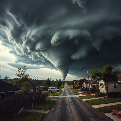 Create a dramatic landscape scene of a tornado descending upon a suburban neighborhood, focusing on the swirling debris and dark storm clouds overhead, captured with a DSLR camera at 24mm, f/8, ISO 100, in HDR style, wide-angle view to enhance depth and detail.