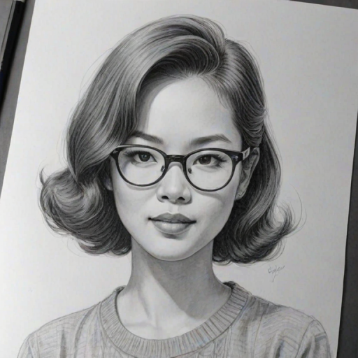 Delightful Cathy Ang, pencil sketch, portrait of Fascinating woman 1948s in glasses, hair style beatnik, outline, clear lines, fine lines, 8k
