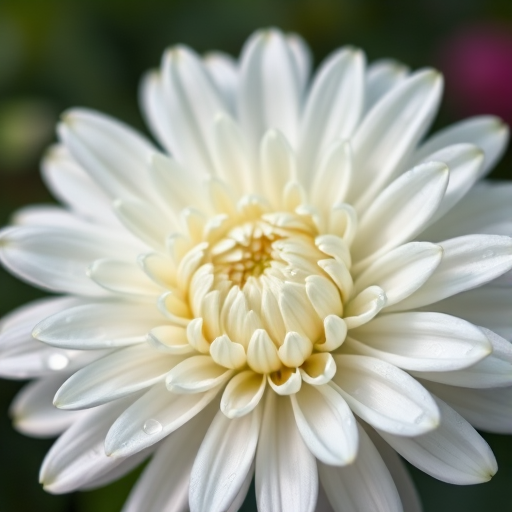 close-up of a white chrysanthemum flower with dewdrops on petals, soft focus background, natural lighting, camera type: DSLR, camera settings: aperture f/2.8, shutter speed 1/250s, ISO 100, camera view: overhead, camera style: macro photography