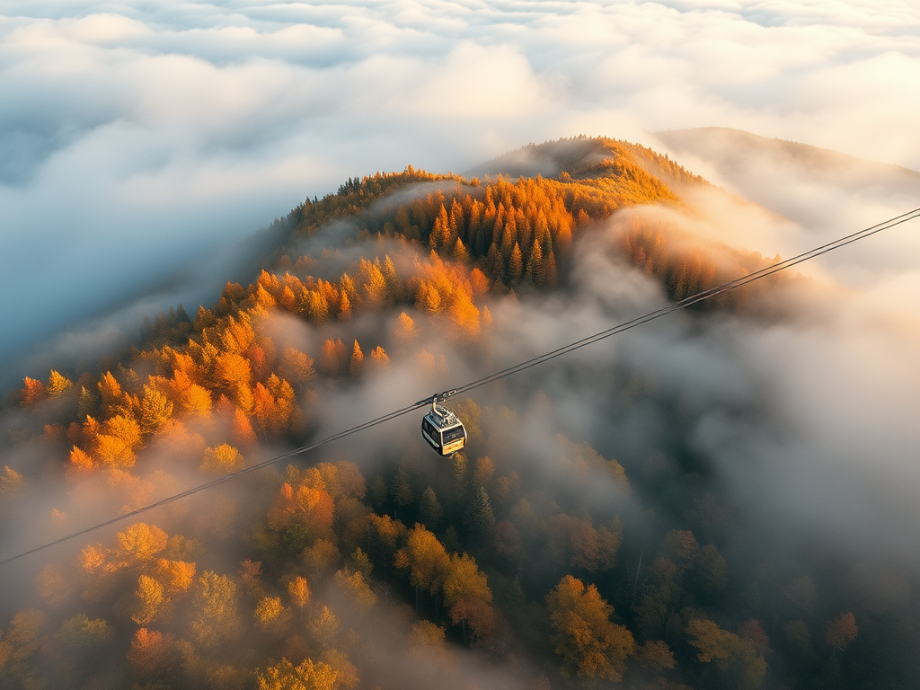 Aerial view of a fog-covered mountain landscape with a cable car, rich autumn colors in the trees, shot with a DSLR camera at f/8, 1/250 sec, ISO 200, using a wide-angle lens for enhanced depth and clarity.