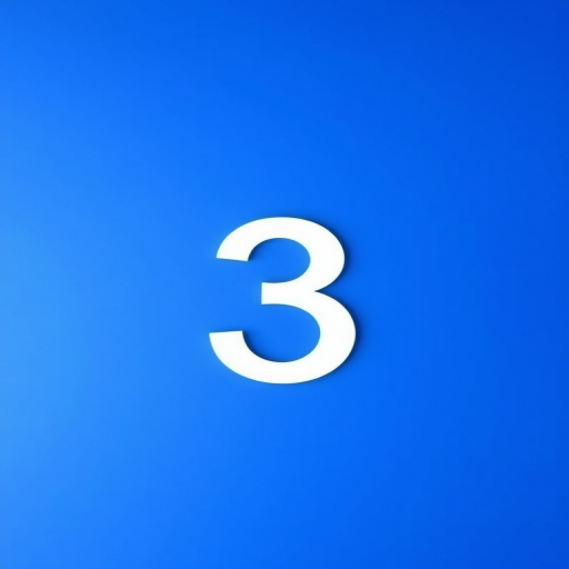 Create a vibrant blue background with a large white number three centered in the image, using a DSLR camera with a focal length of 35mm, aperture set to f/2.8 for shallow depth of field, ISO 100 for optimal light capture, and a top-down view for clarity.