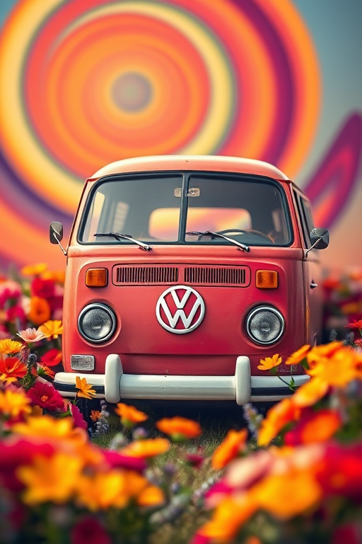 vintage Volkswagen van surrounded by vibrant flowers in a colorful swirled background, taken with a Canon EOS R5, 35mm lens, aperture f/1.8, shutter speed 1/200s, ISO 100, soft focus style, landscape orientation
