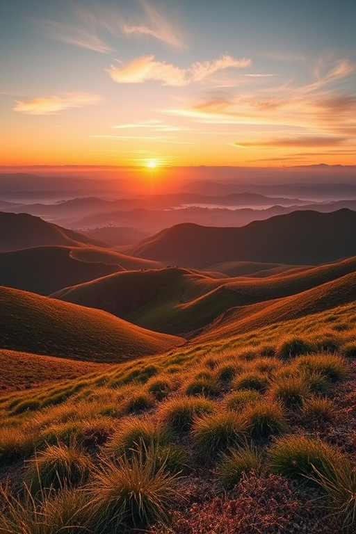 Generate a high-resolution image of a serene landscape featuring rolling hills and a sunset, shot with a Canon EOS R5 at f/8 aperture, ISO 100, 1/200 sec, using a wide-angle lens at 24mm, in vibrant colors with soft lighting.