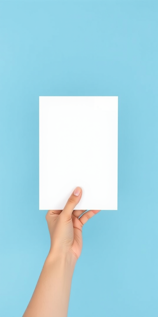 A hand holding a blank white sheet of paper against a simple blue background, shot with a Canon EOS R mirrorless camera, 50mm lens, aperture f/1.8, shutter speed 1/100 sec, ISO 200, top-down view, natural light for enhanced clarity and detail.