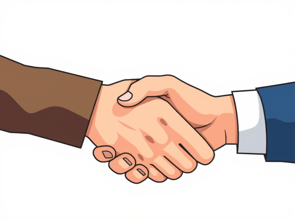 Create a close-up vector illustration of two hands shaking, with a neutral background, using a high-resolution digital camera at f/4 aperture, ISO 100, 50mm lens, top-down view, and in a minimalist style.