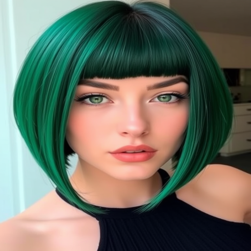 Deep emerald green hair styled in a sleek, chin-length bob with micro bangs, the Jade Precision cut radiates confidence and avant-garde sophistication
