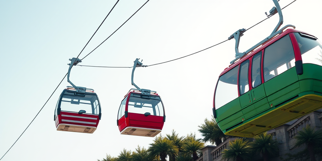 Capture a clear shot of a cable car system with two gondolas, one red and one green, against a bright sky, using a DSLR camera, 50mm lens, ISO 100, f/8 aperture, 1/500 shutter speed, with a shallow depth of field and vibrant colors to enhance image quality.