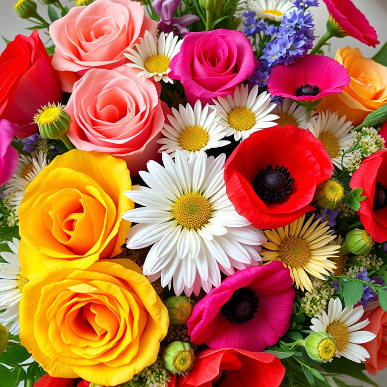 generate a vibrant floral arrangement with a variety of flowers including roses, daisies, and poppies, use a macro lens with aperture f/2.8, ISO 100, 50mm focal length, soft natural lighting, high-resolution DSLR camera for enhanced image quality