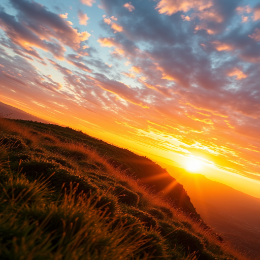 Create a high-resolution image of a scenic landscape during sunset with vibrant colors, using a DSLR camera at f/8 aperture, ISO 100, 24mm focal length, and a natural HDR style to enhance details and contrast.