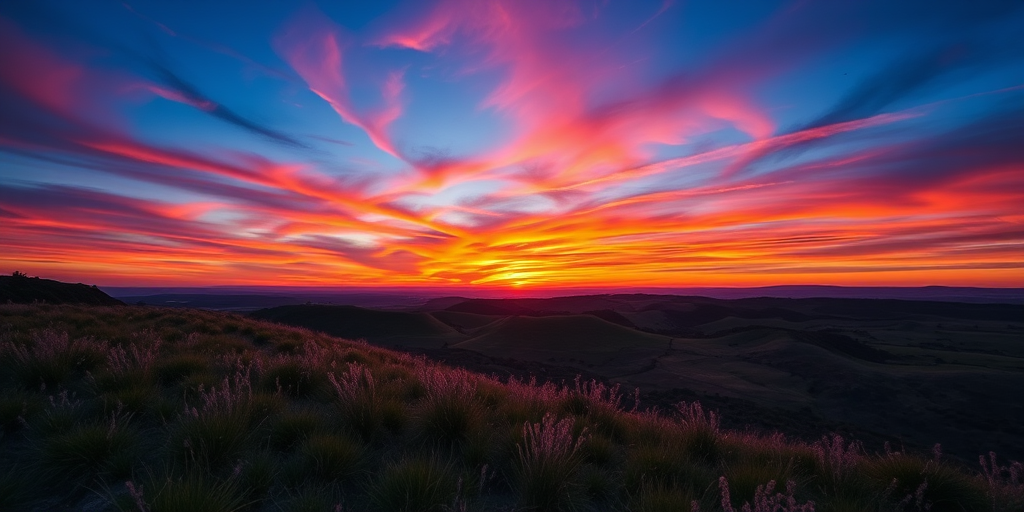Create an imaginative and colorful sunset landscape with vibrant orange and purple hues over rolling hills, captured with a DSLR camera, aperture f/8, shutter speed 1/125s, ISO 200, wide-angle lens, shot from a low perspective to emphasize the foreground detail.