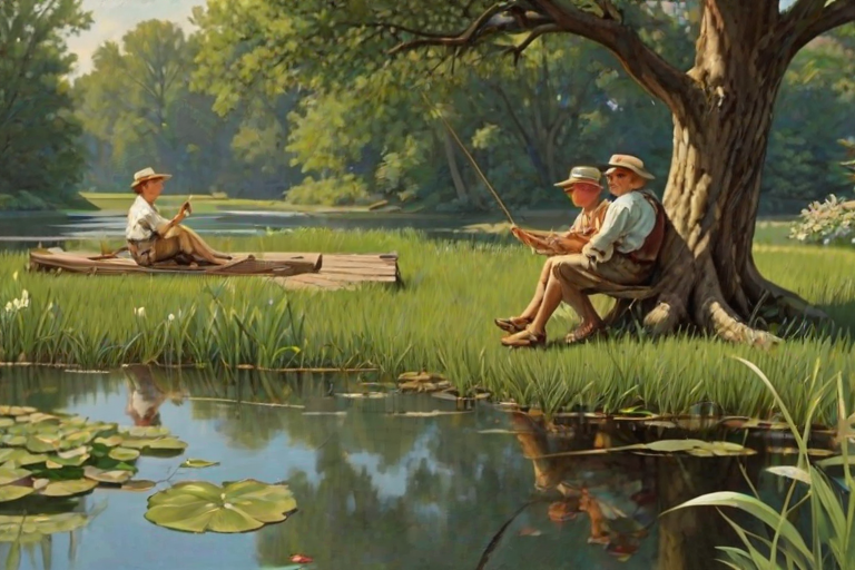 Imagine a small group of old fashioned young boys out fishing by the creek, a swing hanging from a tree branch, reeds and grasses by the water's edge, a frog sitting on a lily pad, dragonflies hovering over som water plans, a very iconic old fashioned scene reminiscent of a Norman Rockwell painting style