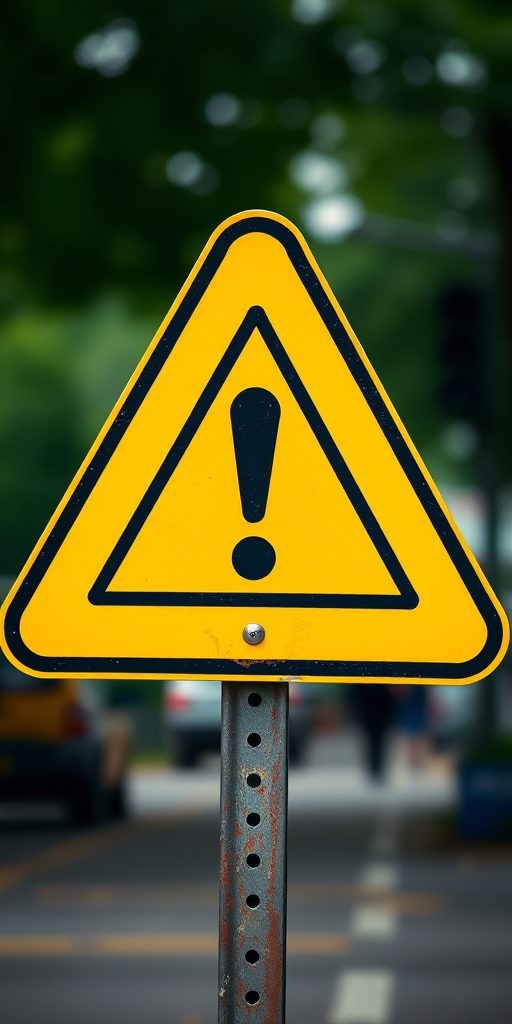 Create a high-resolution image of a yellow warning sign with a black border displaying an exclamation mark at the center, taken with a DSLR camera at f/4.5 aperture, ISO 100, 1/200 sec shutter speed, with a focus on the sign and a blurred background for depth.