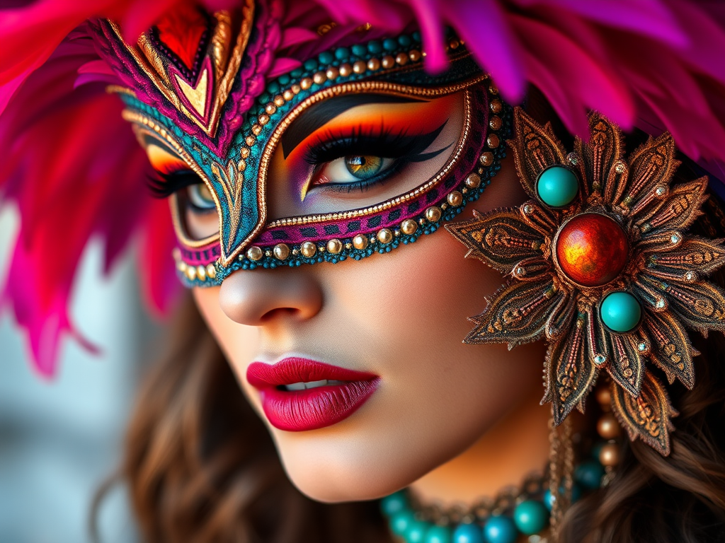 Create a highly detailed portrait of a woman wearing an ornate feathered mask with vibrant colors, emphasizing intricate details in her makeup and accessories, taken with a DSLR camera, 85mm lens, f/1.4 aperture, ISO 100, using natural light for soft shadows and vivid hues, in a shallow depth of field to enhance the subject's features while softly blurring the background.