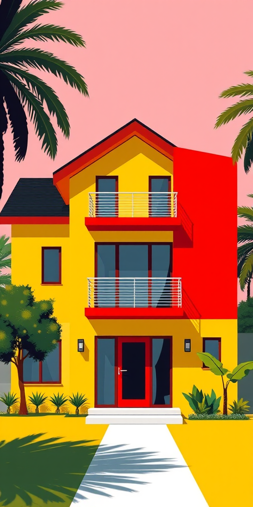 Create an illustration of a modern, stylized house with bold colors like yellow and red, using a digital art approach, captured with a DSLR camera at f/8 aperture, ISO 100, and a focal length of 50mm, with a symmetrical view and vibrant contrast.