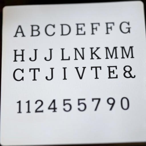 Create a high-resolution image of an alphabet and numbers grid with a vintage typewriter style, captured using a DSLR camera with a 50mm lens at f/1.8, 1/200s shutter speed, ISO 100, in natural light, with a shallow depth of field that softly blurs the background.