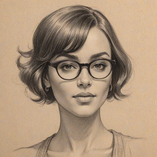 Captivating Janelle Mon'e, pencil sketch, portrait of Exquisite woman 1924s in glasses, hair style beatnik, outline, clear lines, fine lines, 8k