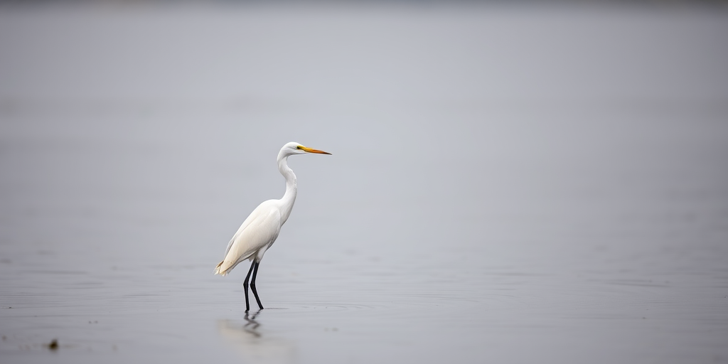 A solitary white egret standing in shallow water on a gray, overcast day, captured with a DSLR camera at 200mm focal length, f/5.6 aperture, ISO 400, with soft natural lighting and a shallow depth of field to blur the background.
