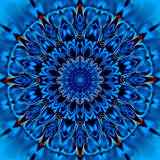 create an intricate blue mandala pattern with radial symmetry, camera settings: f/8, 1/125 sec, ISO 100, camera view: centered with symmetrical framing, camera style: high dynamic range, camera type: digital DSLR