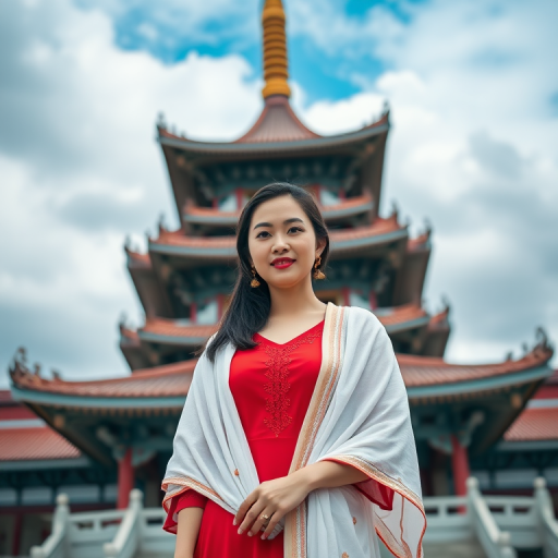 portrait of a woman in a red dress and white shawl standing in front of an ornate pagoda with a cloudy blue sky, shot with a Canon EOS R5, 50mm lens, f/1.8, ISO 200, natural lighting, vibrant colors, shallow depth of field