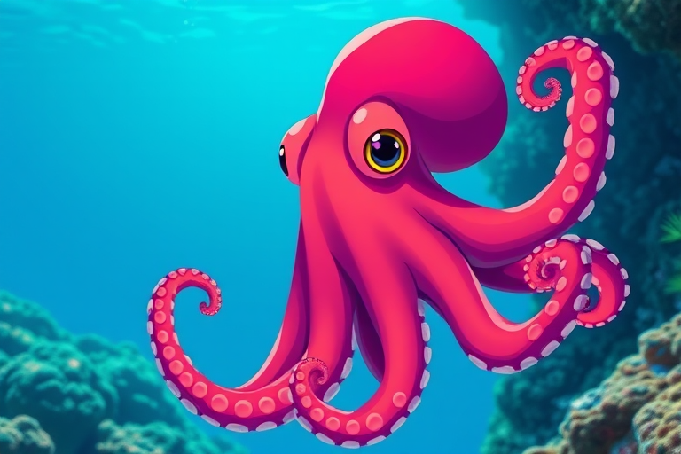 Generate a high-quality illustration of a stylized octopus with vibrant colors, using a DSLR camera, focal length of 50mm, aperture set to f/2.8, shutter speed at 1/200s, in a bright underwater scene with soft lighting and clear details.