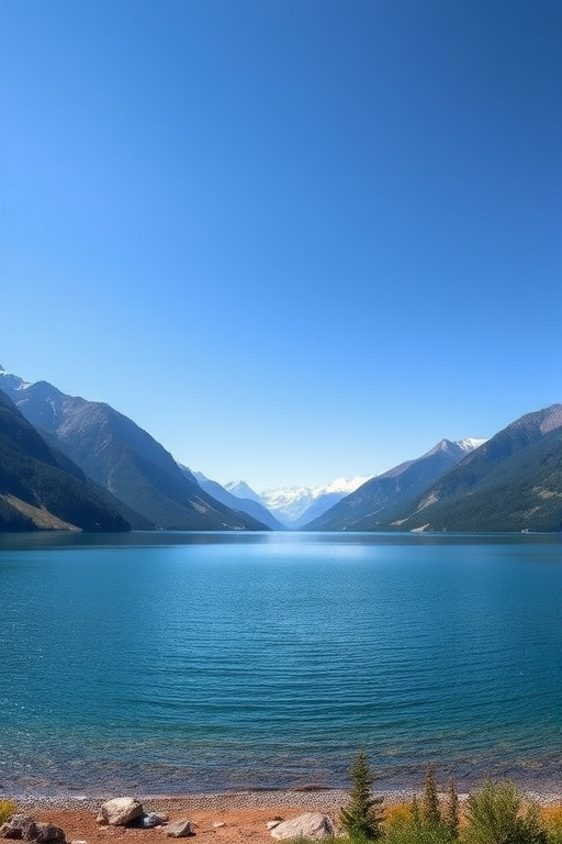 Generate a high-resolution image of a tranquil landscape featuring a serene lake surrounded by mountains under a clear blue sky using a DSLR camera with a 24mm lens, aperture set to f/8, ISO 100, and a wide-angle view.