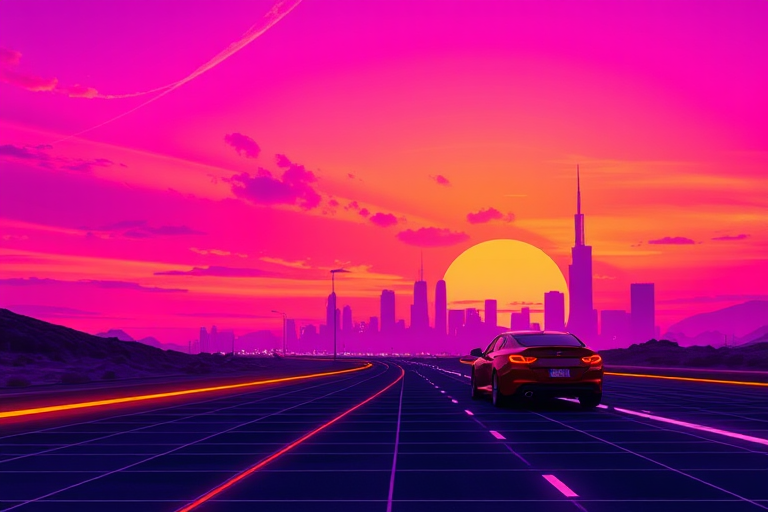Create a vibrant retro-futuristic sunset scene with a purple and orange sky, featuring a grid landscape, a silhouette of a city skyline, and a car driving along a neon road, capturing with a DSLR camera at f/2.8 aperture, ISO 100, 1/60 sec shutter speed, wide-angle lens, and a low angle view to enhance depth and perspective.