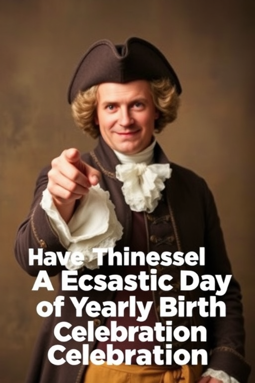 Create an image of a historical figure dressed in 18th century attire with a playful expression pointing towards the viewer. The background should be a warm, muted color to give an inviting feel. Overlay the text "Have Thineself A Ecstatic Day of Yearly Birth Celebration" in a bold, easy-to-read font.