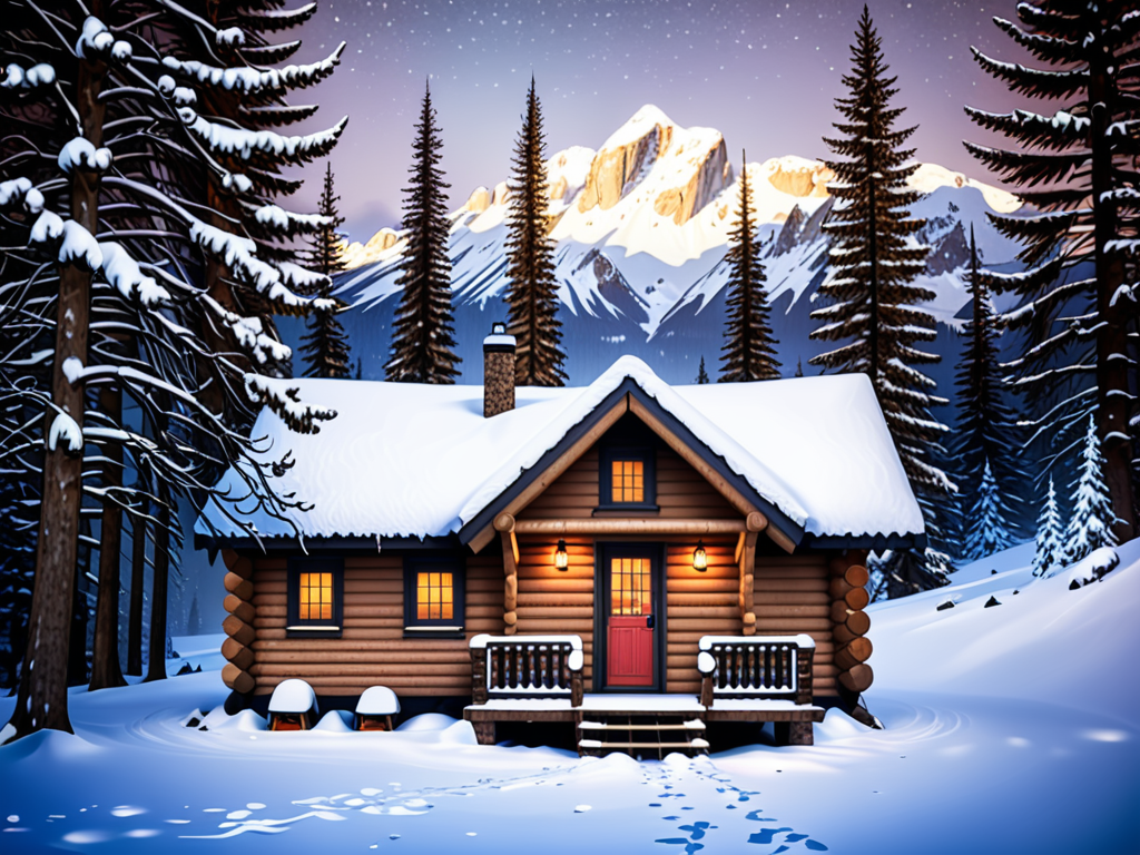 A Cozy Cabin Nestled in a Snowy Mountain Landscape at Dusk.