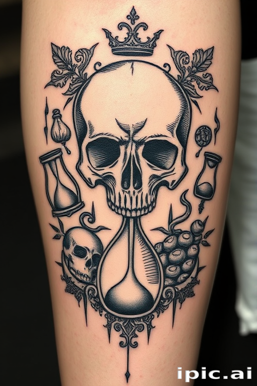 Etching style tattoo named "Memento Mori" showcasing intricate crosshatching and fine lines to create a vintage engraving effect depicting skulls hourglasses and other vanitas symbols