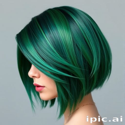 Striking emerald green bob with asymmetrical layers, designed by Jade Evergreen, boasting a sleek shine and subtle blue undertones, accented with hand-painted gold leaf patterns along the edges