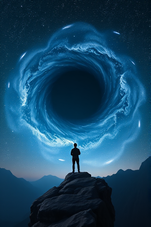A lone figure stands on a rocky cliff gazing at a swirling black hole surrounded by comets in a starry sky, captured with a DSLR camera at f/2.8, ISO 400, 25mm focal length, shot from a low angle for dramatic effect, using a wide-angle lens to enhance depth and clarity.