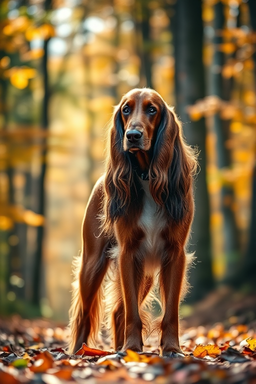 generate an image of a majestic Afghan Hound standing in a sunlit forest with autumn leaves, 50mm lens, f/1.8 aperture, ISO 200, soft focus style, DSLR camera
