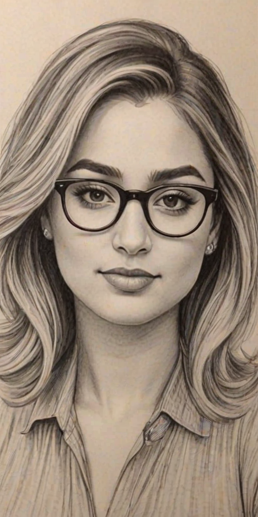 Splendid Ally Brooke, pencil sketch, portrait of Enticing woman 1931s in glasses, hair style beatnik, outline, clear lines, fine lines, 8k