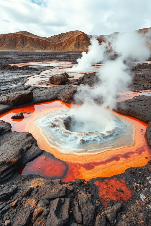 landscape of geothermal area with steam rising from the ground, rocky terrain with vibrant colors and textures, taken with a Canon EOS R5, 24mm lens, f/8 aperture, 1/250 sec shutter speed, ISO 100, in natural light, wide angle view for depth and detail
