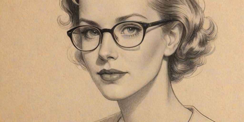 Graceful Brooke L. Thomas, pencil sketch, portrait of Delightful woman 1933s in glasses, hair style beatnik, outline, clear lines, fine lines, 8k
