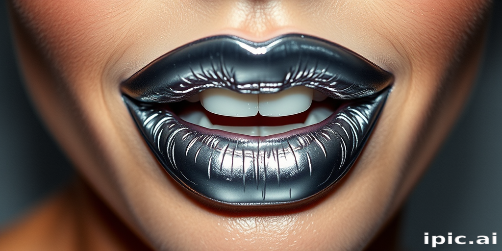 Edgy metallic silver lips reflect light dramatically, creating a futuristic and avant-garde look that pushes the boundaries of traditional beauty