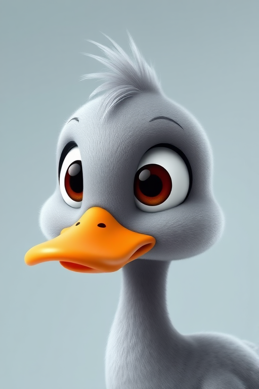 Create a high-resolution cartoon image of a cute gray duck character with large expressive eyes and an orange beak, shot with a Canon EOS R5 at f/8, ISO 100, 85mm lens, with a soft, diffused lighting style and a slightly elevated angle for a playful perspective.