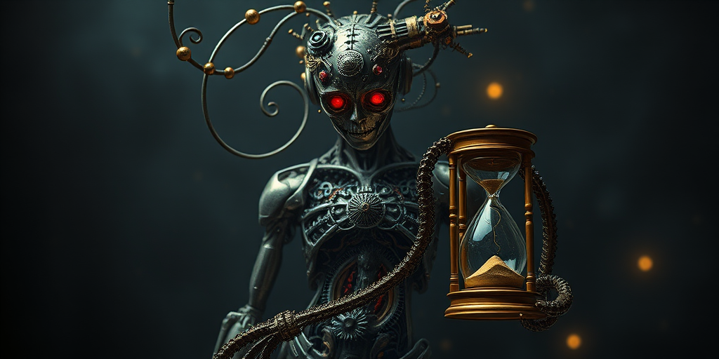 Create an image of a humanoid figure composed of intricate mechanical and organic elements, holding an hourglass, in a dark, ethereal environment with swirling lights, captured with a Canon EOS R5, 50mm lens, f/1.4 aperture, ISO 100, 1/200 sec shutter speed, with a soft focus and high dynamic range.