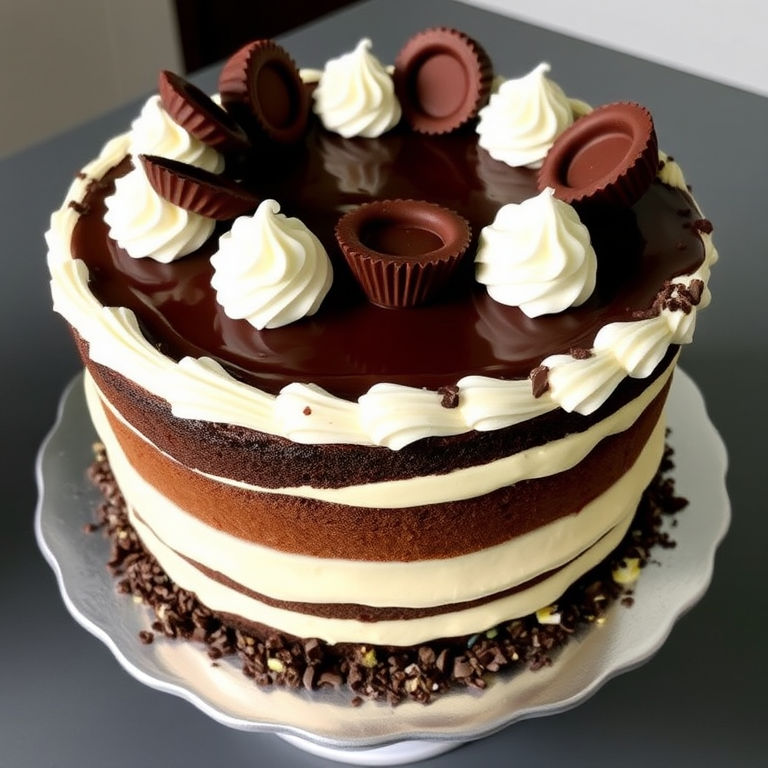 A beautifully decorated chocolate cake with layers of creamy frosting topped with chocolate ganache and dollops of whipped cream, adorned with chocolate cups and crushed candy on the sides, presented on a silver cake stand.