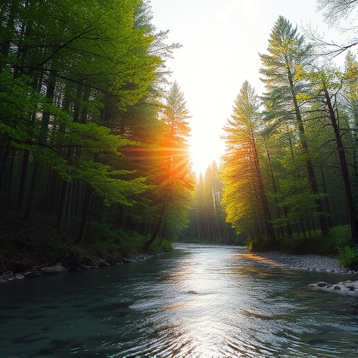 Create an image of a serene, sunlit forest scene with a clear, gently flowing river. Tall trees with lush green foliage line both sides of the river, their leaves bathed in the warm golden light of the setting or rising sun. The sunlight filters through the trees, casting soft, dappled light on the river, which flows over smooth rocks and pebbles, creating a peaceful, natural atmosphere. The sky is bright with a few scattered clouds, and the overall mood is tranquil, evoking a deep sense of connection with nature. The image captures the beauty of a calm, pristine forest landscape at either dawn or dusk.