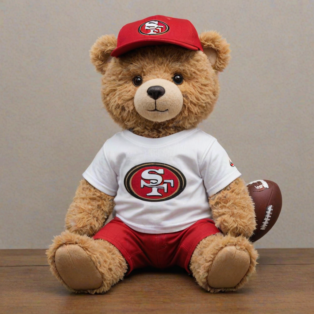 A cute and fluffy teddy bear dressed in a San Francisco 49ers-themed outfit, wearing a red cap with the 49ers logo, aviator sunglasses, and a white football jersey with red accents. The bear is also wearing casual jeans and red and white sneakers, while sitting in a relaxed pose with a football beside it. The teddy bear has a cool, laid-back attitude, with a sporty vibe. The background is clean and minimal, highlighting the bear as the main focus.