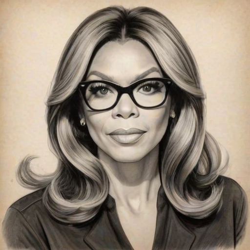 Delightful Wendy Williams, pencil sketch, portrait of Fascinating woman 1959s in glasses, hair style beatnik, outline, clear lines, fine lines, 8k