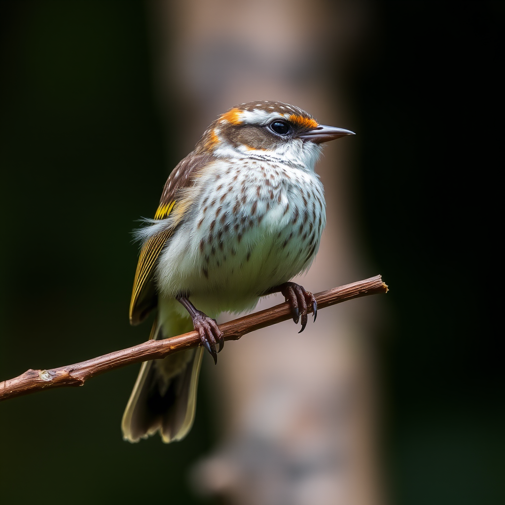 Capture a sharp and detailed image of a speckled bird perched on a branch, using a Canon EOS R5 with a 100mm f/2.8 macro lens, aperture set to f/4 for a shallow depth of field, ISO 200 for clarity, and a shutter speed of 1/500 sec to freeze motion, with a soft-focus background to emphasize the bird.