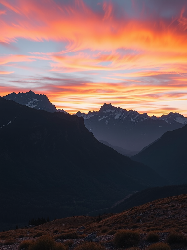 Generate a high-resolution image of a serene landscape featuring mountains at sunset, with vibrant colors in the sky, using a Canon EOS R5, aperture f/8, shutter speed 1/125 sec, ISO 100, shot in wide-angle view for depth and clarity.