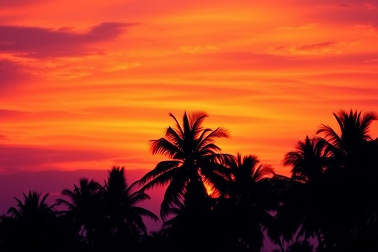 tropical sunset with silhouettes of palm trees in the foreground, vibrant purple and orange gradient sky, high dynamic range, f/8 aperture, ISO 100, 50mm lens, digital SLR camera, landscape orientation